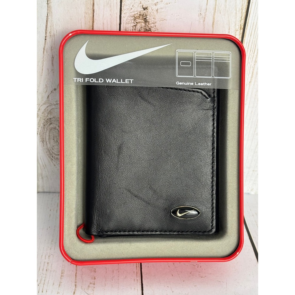Nike Golf Mens Black Genuine Leather Tri Fold Wallet with Tin P5008101 NEW